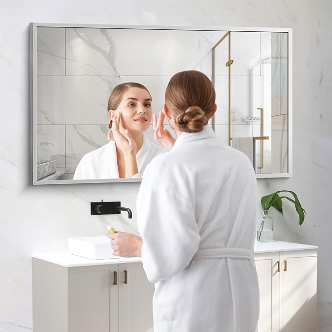 COFENY Silver Bathroom Mirror for Wall, 30x48 Inch Rectangle Mirrors with Metal Frame, Modern Vanity Wall Mirror Decor for Bathroom Living Room, Entryway Hangs Horizontal or Vertical