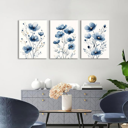 okudolit Navy Blue Wildflower Framed Canvas Wall Art Set Of 3 Flowers Pictures Prints Flowers Printing Floral Watercolors Flower wall Decor Living Room Bedroom Dinning Room Farmhouse Office-16 x24in