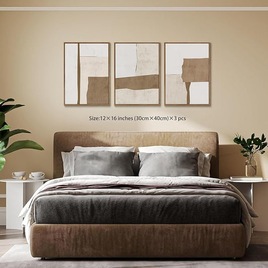 myusuar 3 Piece Large Modern Abstract Canvas Framed Wall Art For Living Room, Brown And Beige Block Minimalist Wall Art Decor Posters Prints For Bedroom Office, 12x16in