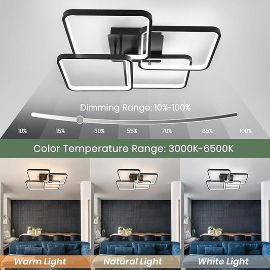 EIDISUNY Modern Led Ceiling Light Fixtures for Living Room, Dimmable Square Ceiling Lighting Fixture with Remote Control, 3 Colors Flush Mount Ceiling Light for Dining Room, Kitchen, Living Room