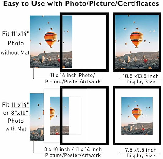 JCJMY 6 Packs 11x14 Picture Frames, Display 8x10 with Mat or 11x14 Without Mat, Black Gallery Wall Frame Set, 11 by 14 Frames Bulk Set of 6 Collage Wall Decor Photo Frames Set for Wall, Black
