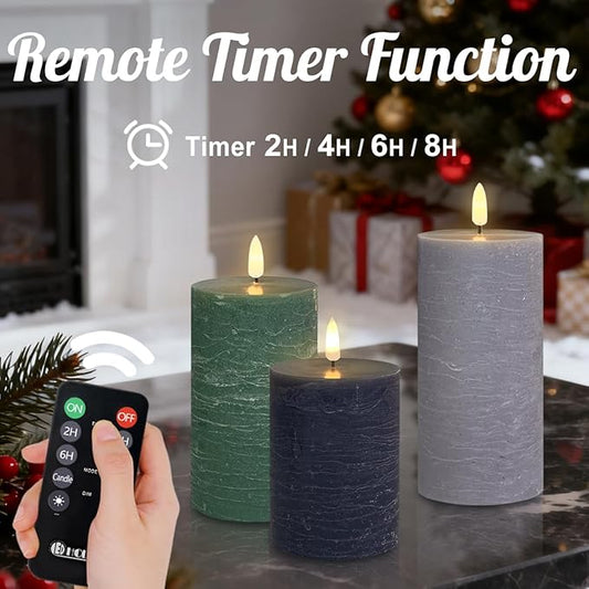 LEDHOLYT Rechargeable Flameless LED Pillar Candles–Luminous Real Wax Indoor Home Decor–Set of 3, Realistic Flickering LED Flame,Remote & Timer, USB-Rechargeable(Verdant & Ash Tones)