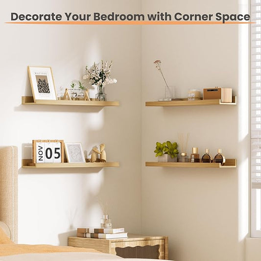upsimples Floating Shelves for Wall, 23.6 Inch Shelves for Decor Storage Set of 6, Wall Mounted Wood Shelf for Bedroom, Living Room, Bathroom, Kitchen, Long Picture Ledge Shelves, Natural