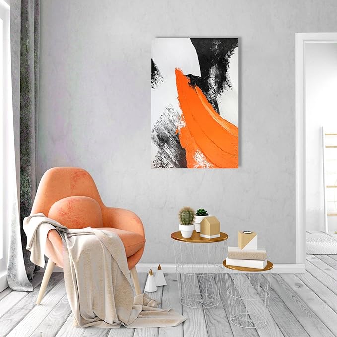 YPY Modern Abstract Canvas Wall Art: Grey Orange Hand Painted Oil Paintings for Wall Decorations, Minimalist Picture Print Poster Extra Large Home Living Room Decor 24 x 36