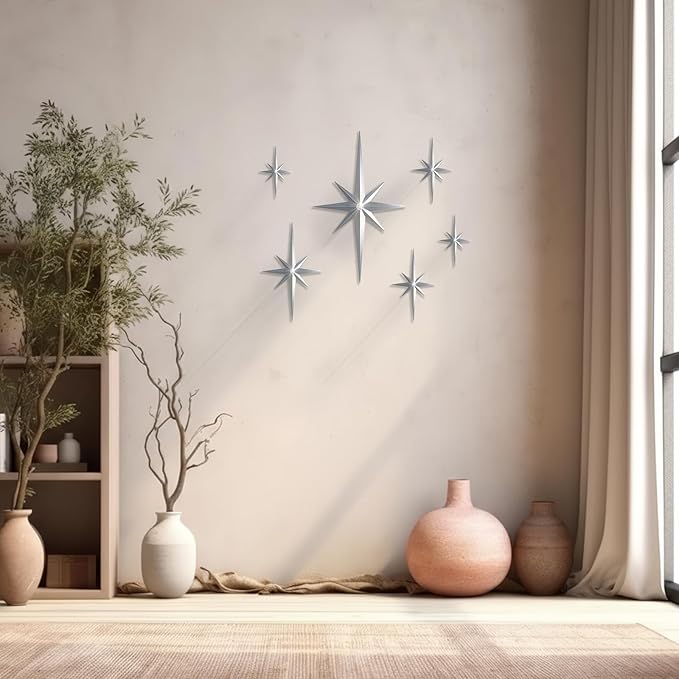 BreezeHug 6 Pcs Mid Century Modern Home Decor Star Art Wall Sculpture with Rhinestone Retro 3D Plastic Star Art Wall Sculpture Bling Diamonds Decor for Home Office Bedroom Entryway(Silver)