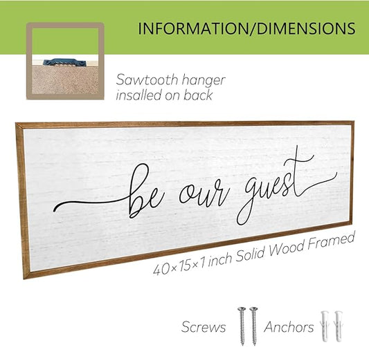 Be Our Guest Wall Decor Sign 40''×15'' Large Rustic Farmhouse Family Guest Room Bedroom Above Bed Vintage Framed Wooden Wall Art Modern Signs Simple Entryway Hanging Decoration (Wood)