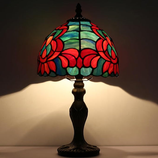 Tiffany Style Lamp Stained Glass Table Lamp 8 x 14.5 Mini Accent Light Lotus Design Small Decorative Bedside Memory Lamp