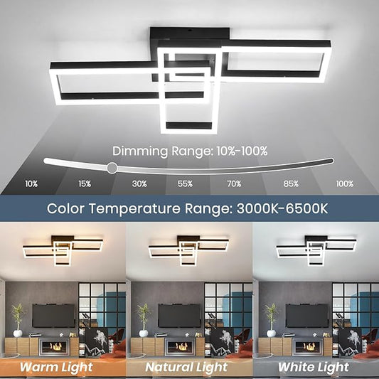 EIDISUNY Modern Led Ceiling Light Fixtures, Black Flush Mount 3-Square Ceiling Light with Remote Control&APP, Dimmable, 40W Acrylic for Bedroom, Kitchen, Dining Room