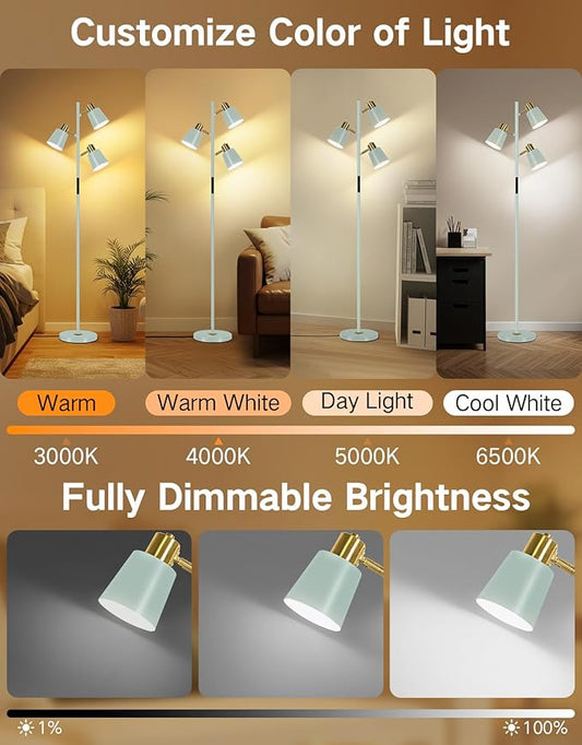 OUTON Tree Floor Lamp, LED Dimmable Floor Lamp with Remote and Touch Slide Control, 4 Color Temperatures, 3 Rotatable Lights, Modern Standing Lamp for Living Room Bedroom Office, Bulbs Included,Teal