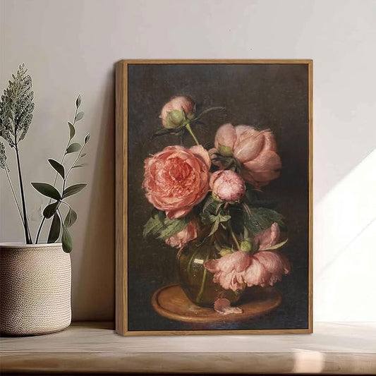 WALLZK Vintage Framed Wall Art Peony Wall Decor Pink Floral Canvas Prints Cottagecore Decor Rustic Farmhouse Pictures Artwork for Walls Living Room Bedroom Bathroom 12"x16"