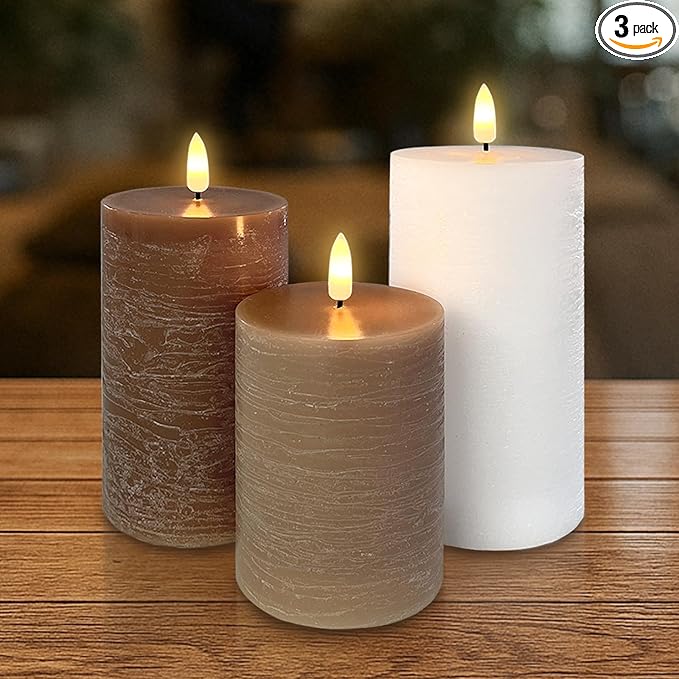 LEDHOLYT Rechargeable Flameless LED Pillar Candles–Luminous Real Wax Indoor Home Decor–Set of 3, Realistic Flickering LED Flame,Remote & Timer, Type-C Rechargeable(Linen Beige)