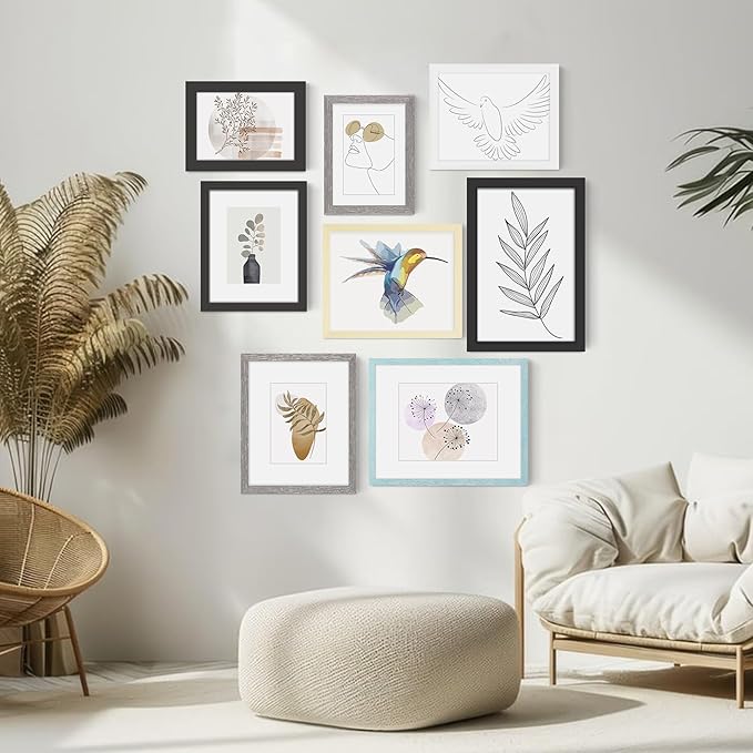 Wiscet 8x10 Picture Frame Set of 9, Display Pictures 5x7 with Mat or 8 x 10 without Mat, Photo Frame for Wall Mounting or Tabletop, Grey