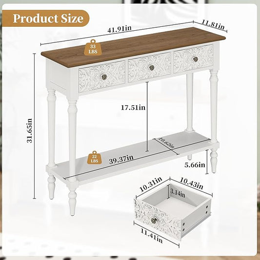3More Entryway Console Table with 3 Drawers,42" Carved Hallway Table with Open Shelf,Long Sofa Table for Living Room, Hallway, Behind Couch,White