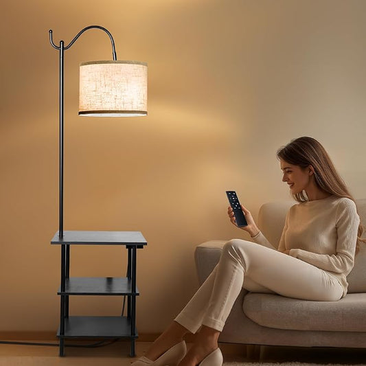 EOEYYOYB Floor Lamp with 3-Tier Shelves, End Table Lamp with USB Charging Port Power Outlet, Side Table Reading Light with 3 Color Temperature Led Bulb Included, Floor Lamps for Living Room, Black