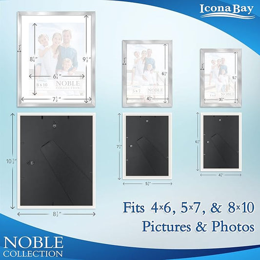 Icona Bay Combo-Sizes Silver Picture Frames Set - 10 PC (Four 4x6, Four 5x7, Two 8x10), Noble Collection Multi-Pack, Modern Professional Design for Wall Gallery