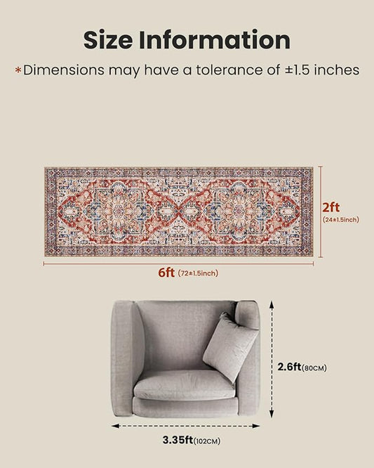 AMADA HOMEFURNISHING 2x6 Washable Runner Rug, Low-Profile Kitchen Rugs with Non-Slip Backing & Durable Edge Binding, Vintage Entryway Runner Rug for Bedroom & Hallway
