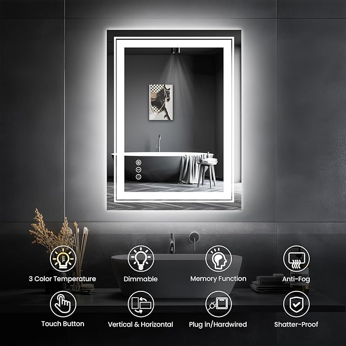 Snowdool LED Bathroom Mirror, 20"x28" Mirror with Front and Backlit, Anti-Fog, Bathroom Vanity Mirror for Wall, Memory, Stepless Dimmable, Tempered Glass (Horizontal/Vertical)