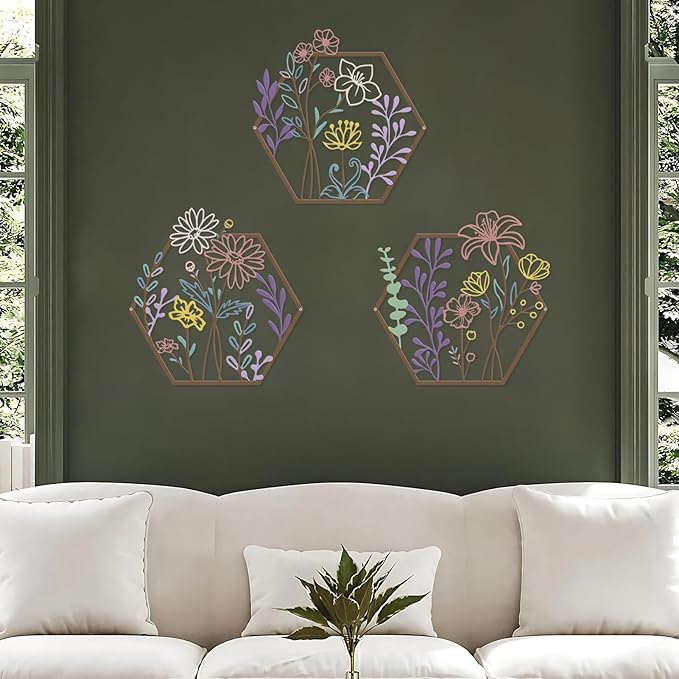 ESTART 3 Pcs Metal Flower Wall Decor, Minimalist Floral Wall Hanging Art, Abstract Line Floral Wall Art Sculpture for Bedroom Bathroom Living Room Kitchen Dining Room (Colorful)