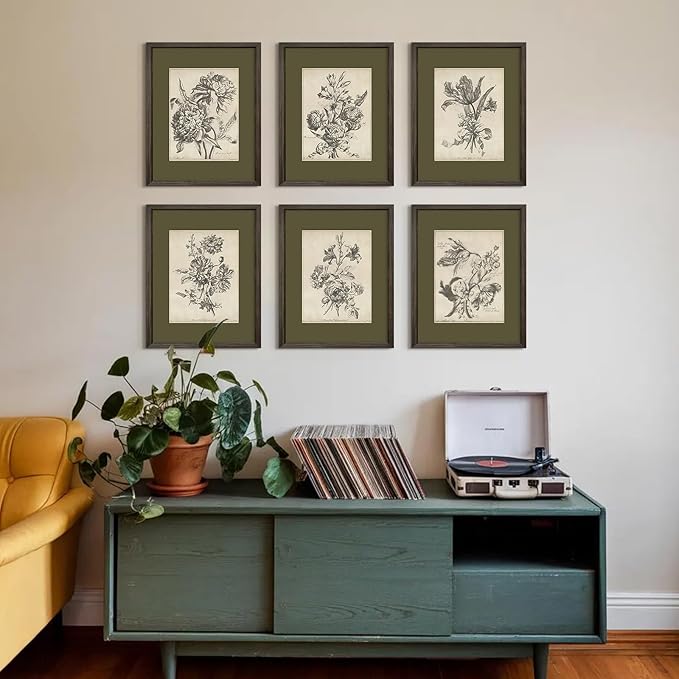 Vintage Floral Wall Art Sketch Flower Prints Antique Botanical Canvas Wall Art Decor Vintage Etchings Floral Poster Green Botanical Painting Sage Green Artwork for Bedroom 8x10x6 Inch Wood Framed