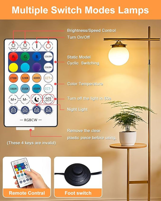 Lightdot RGBCW Floor Lamp for Living Room with Remote, Modern Standing Lamp with Storage Table, Cross-Shaped Lamp Head and U-Pole Base Style for Bedroom, Office, Home Decor, Foot Switch