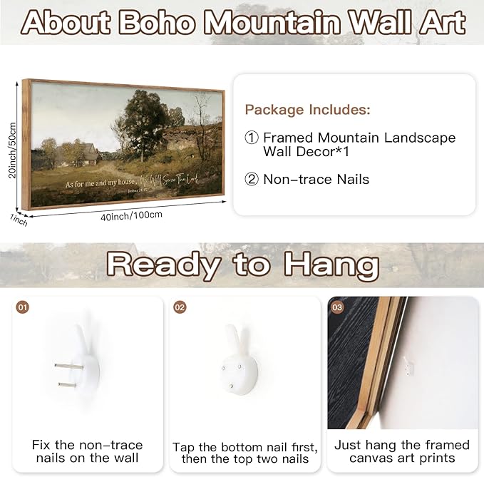 Aurlan As For Me and My House We Will Serve the Lord Wall Art(40"x20"), Farmhouse Jesus Christian Joshua 24:15 Bible Verse Scripture Canvas Artwork, Vintage Retro Cottage Country Nature Landscape Decor for Dining Room Home