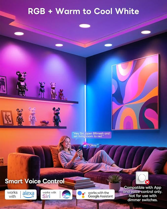 Smart Recessed Lighting 6 Inch, Color Changing Canless Ceiling Lights with Junction Box, 1500 Lumen Wafer Downlight RGB Dimmable with APP, Alexa, Siri, Google Assistant, 1 Pack