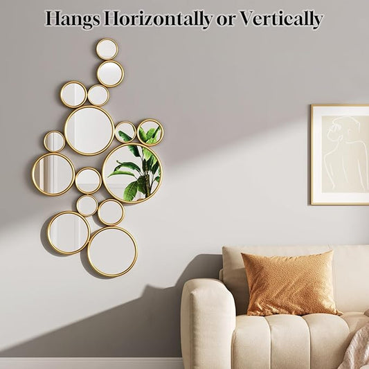 PERHOM Multiple Circles Wall Decor Mirror - 47"x24" Large Gold Wall Art Mirror,Thick Metal Framed Wall Sculptures Mirrors for Living Room, Entryway, Bedroom, Dining Room, Fireplace