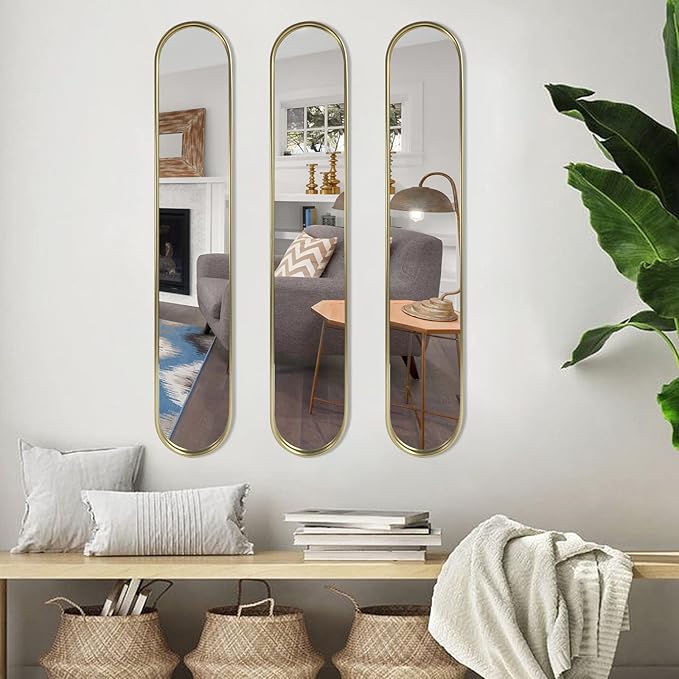 OUSHUAI Gold Tall Mirror,Narrow Capsule Long Mirrors with Metal Frame for Entryway,Hallway,Living Room 44"X8" (3pcs)