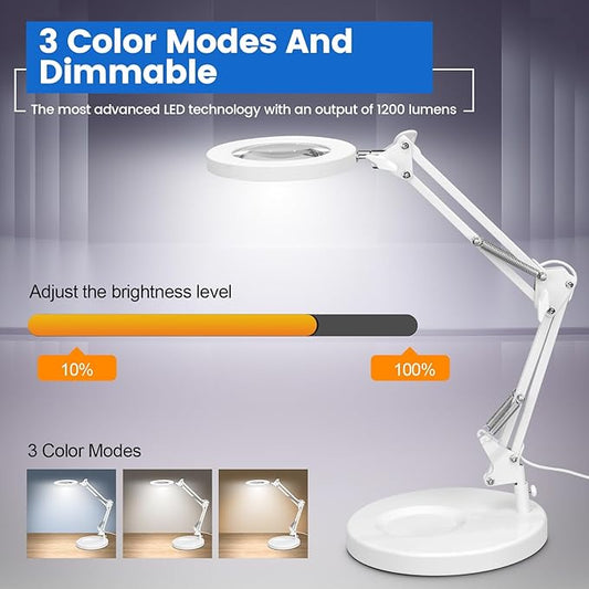 KIRKAS 10X Magnifying Glass with Light and Stand, 2-in-1 Stepless Dimmable LED Desk Lamp with Clamp, 3 Color Modes Lighted Magnifier Swivel Arm Light for Reading, Craft, Close Works - White