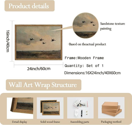 Vintage Flying Duck Wall Art, Rustic Landscape Wall Decor Retro Bird Painting Nature Wilderness 3D Textured Hand Drawn Sandstone Artwork Aesthetics for Bedroom Living Room 16x24 inch Wood Framed