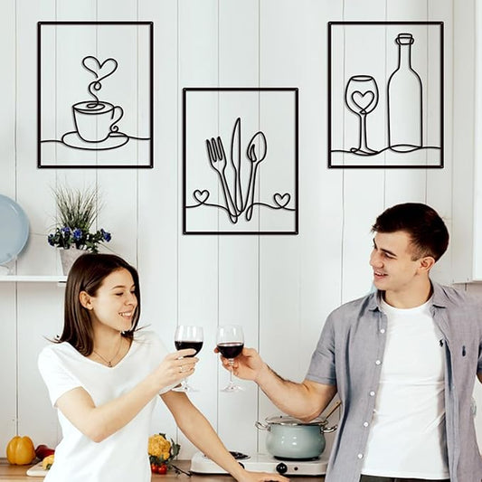 3 Pieces Metal Minimalist Line Kitchen Signs Wall Decor Drawing, Rustic Kitchen Art Wall Decor for Kitchen Dining Living Room Home, 14.2 x 11 Inches (Love)
