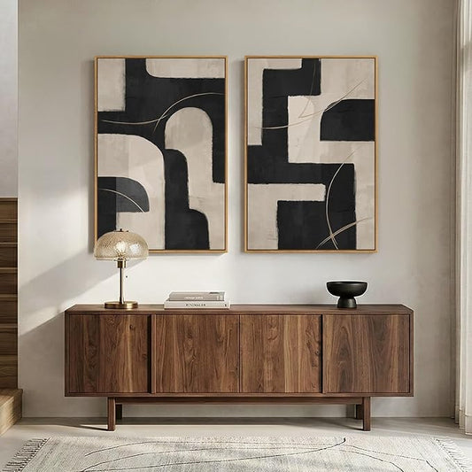 Large Framed Modern Neutral Abstract Wall Art, Set of 2 Minimalist Black and Beige Canvas Prints Paintings Artwork for Walls, Geometric Pictures for Living Room Hallway Bedroom Wall Decor 24x36 In
