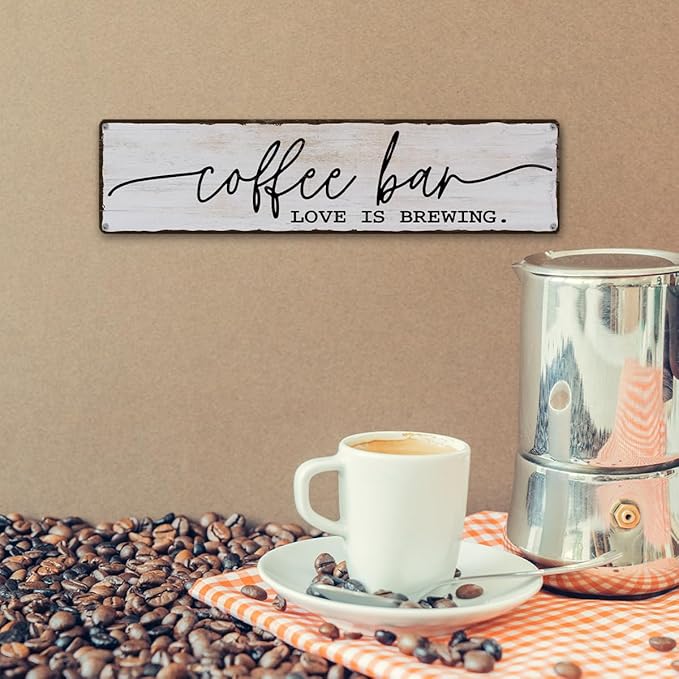 Coffee Bar Sign, Love is Brewing Signs, Retro Metal Tin Sign, Vintage Coffees Wall Art, Decorations for Kitchen, Cafe, Coffee Station, Home Bar, Decorative Metal Wall Signs 15.8x4 Inches