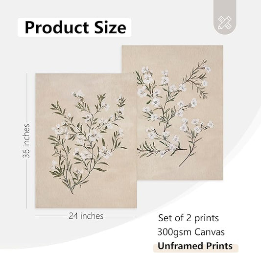 Vintage Botanical Wall Art Neutral Floral Prints Farmhouse Flower Canvas Wall Decor Watercolor Wildflower Pictures Nature Minimalist Artwork for Living Room Bedroom 24x36 Inch Unframed Set of 2