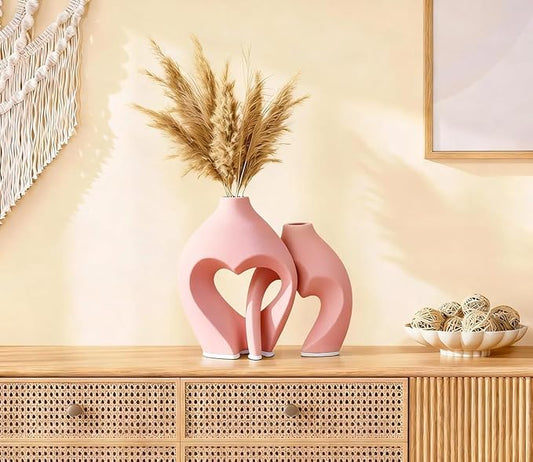 Zormon Pink Heart Shaped Ceramic Vases Set of 2, Modern Nordic Minimalist Flower Vases for Home Decor, Hollow Aesthetic Vases for Living Room, Shelf, Table, Office and Wedding Centerpieces