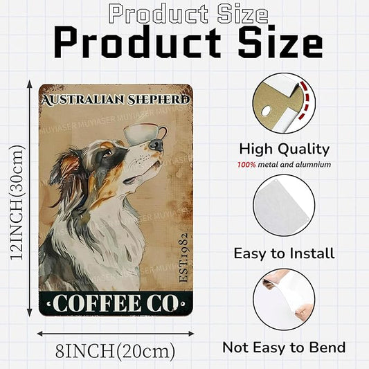 Metal Signs Australian Shepherd Coffee Co Vintage Signs Retro Aluminum Tin Sign for Toilet Washroom Garden Home Bar Cafe Decor 8x12 Inch