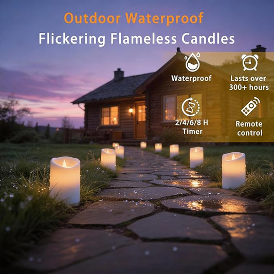 Outdoor Flameless Candles, Patented 3D Dual-LED, Set of 9 Slanted Plastic Pillars with 2 Remotes, Pure White Waterproof Non-Melting Battery Operated Large Set for Modern Fireplace, White