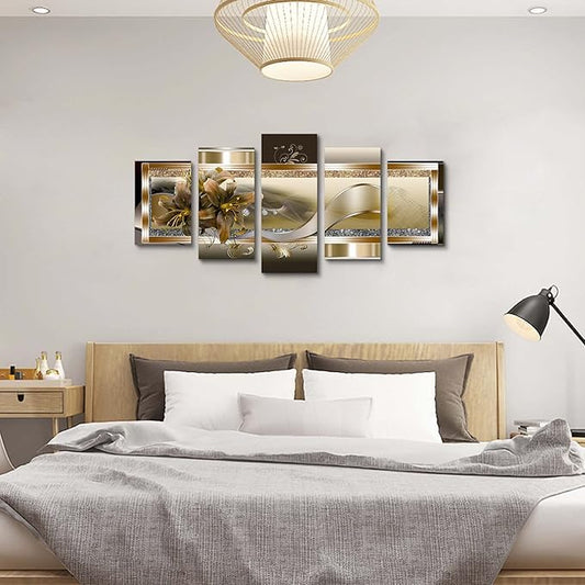 5 Panel Yellow Orchid Flowers Canvas Print - Abstract Golden Floral Wall Decor Poster, 5 pieces Wall Art Painting Decor for Home Decoration Artwork Picture Bedroom Wall Decor (D,Oversize 60x30inch)