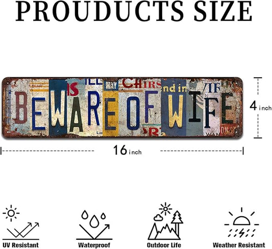 Beware of Wife Vintage Metal Tin Sign - Humorous Rustic Wall Art for Garage, Man Cave, Bar, Game Room DΓ©cor - 4x16 Inch