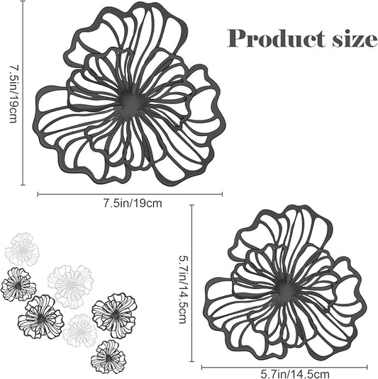 7 Piece Metal Wall Decor for Living Room, Boho Double Layered Iron Flower Wall Hanging Art, Aesthetic Indoor Metal Wall Sculpture Decor for Bedroom Kitchen Bathroom Farmhouse Home Office, Black-White