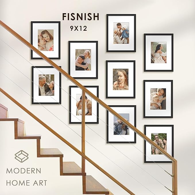 9x12 Picture Frame Sef of 10, Display Pictures 6x8 with Mat or 9 x 12 Without Mat, Photo Frame Collage for Wall Gallery Decor, Wall Mounted, Black