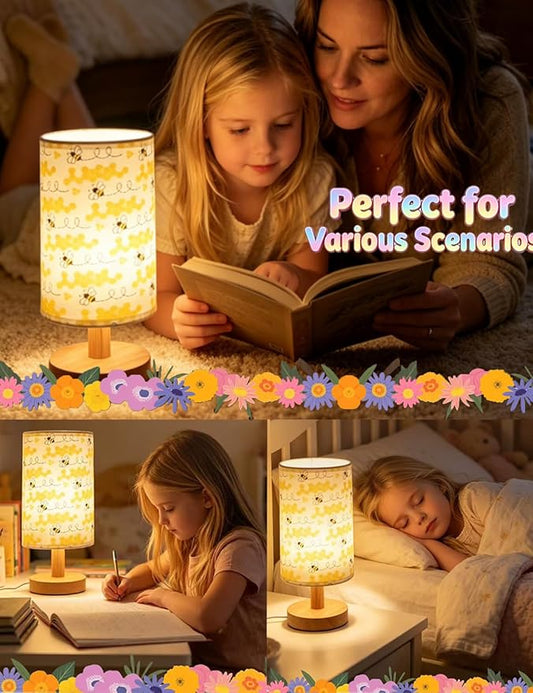 Bee Decor, Bee Night Light 3-Color Small Linen Desk Lamp, 10 x 5.12 Inch with Integrated LED, for Boys & Girls Bedroom,Living Room Bedroom Room Lighting Table Lamps Home Decoration (Honeybee)