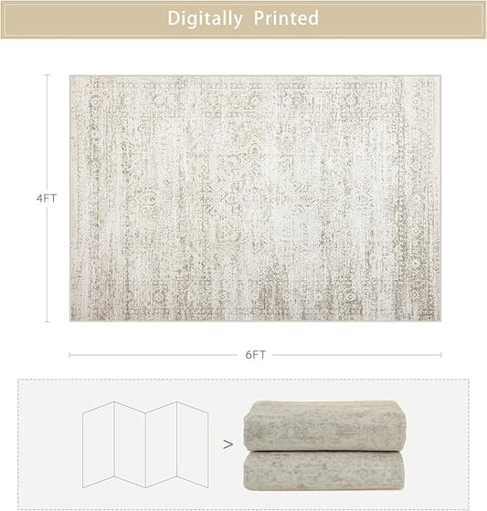 Srugn Washable Rugs 4x6 Area Rugs for Living Room,Bedroom,Kids Room,Nursery- Ultra Soft Faux Wool Small Carpets,Non Slip&Non-Shedding Low Pile Vintage Print Rugs for Enterway,Home Office Decor