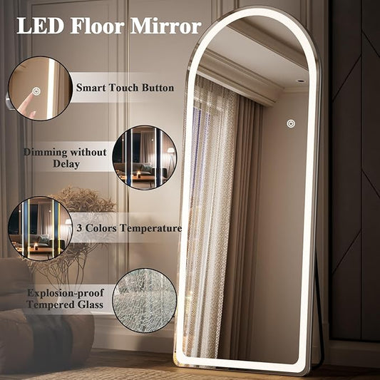 Arch LED Mirror Full Length - 26" x 71" Arched Top Rounded Corners Floor Full Body Mirror with 3 Color Lights Brightness Adjustable, Standing Leaning for Bedroom, Dressing Room, White