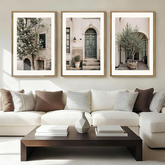 HPNIUB Large Vintage Italy City Landscape Framed Canvas Wall Art Set, Olive Green Tree Country Wall Decor, Modern Minimalist Countryside Villages Picture for Living Room,Bedroom,Office-24 x36 x3