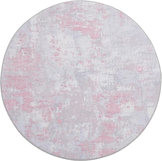 ROYHOME Modern Abstract 8x8 Round Area Rug Non Slip Non Shedding Rug Low Pile Stain Resistant for Bedroom Living Room Office Dining Room,Grey Pink