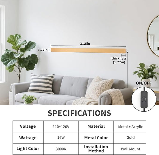 KELUOLY Modern Plug in Wall Lights, 31.4 inch Frosted Gold LED Long Wall Sconce, 16W Warm White 3000K Acrylic Indoor Wall lamp,with 59" Plug Cable for Bedroom, Living Room, Hallway