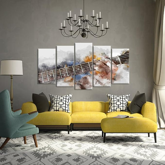 KREATIVE ARTS Music Artistic Canvas Wall Art Guitar 5 Panel Watercolor Painting Picture Print on Canvas for Modern Home Decoration Ready to Hang (Large Size 60x32inch)