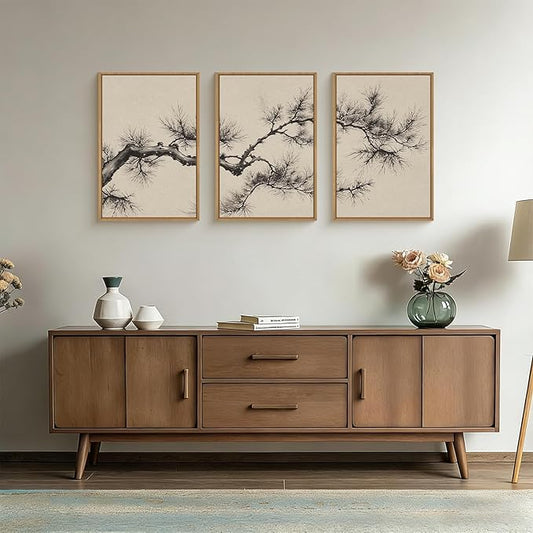 HPNIUB Vintage Sketch Pine Tree Framed Canvas Wall Art Set, Brown Antique Tree Branch Wall Decor, Nature Botanical Art Print, Modern Landscape Pictures for Living Room, Bedroom, Office-24''x36''x3