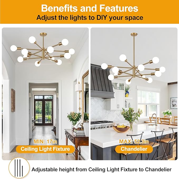 10.9"-52.3" Height Adjustable Sputnik Chandeliers Dining Room Light Fixture (12-Light, 33-Inch), Modern Brushed Brass Chandelier, Mid Century Modern Chandeliers for Dining Room (Bulbs not Included)